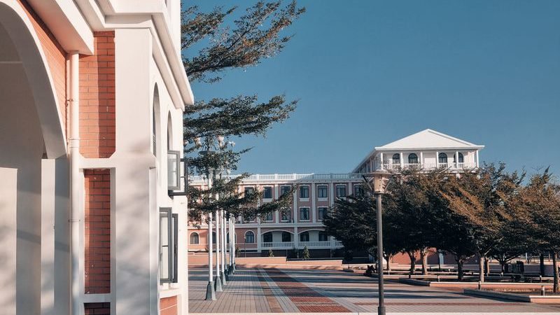 A university campus building and courtyard